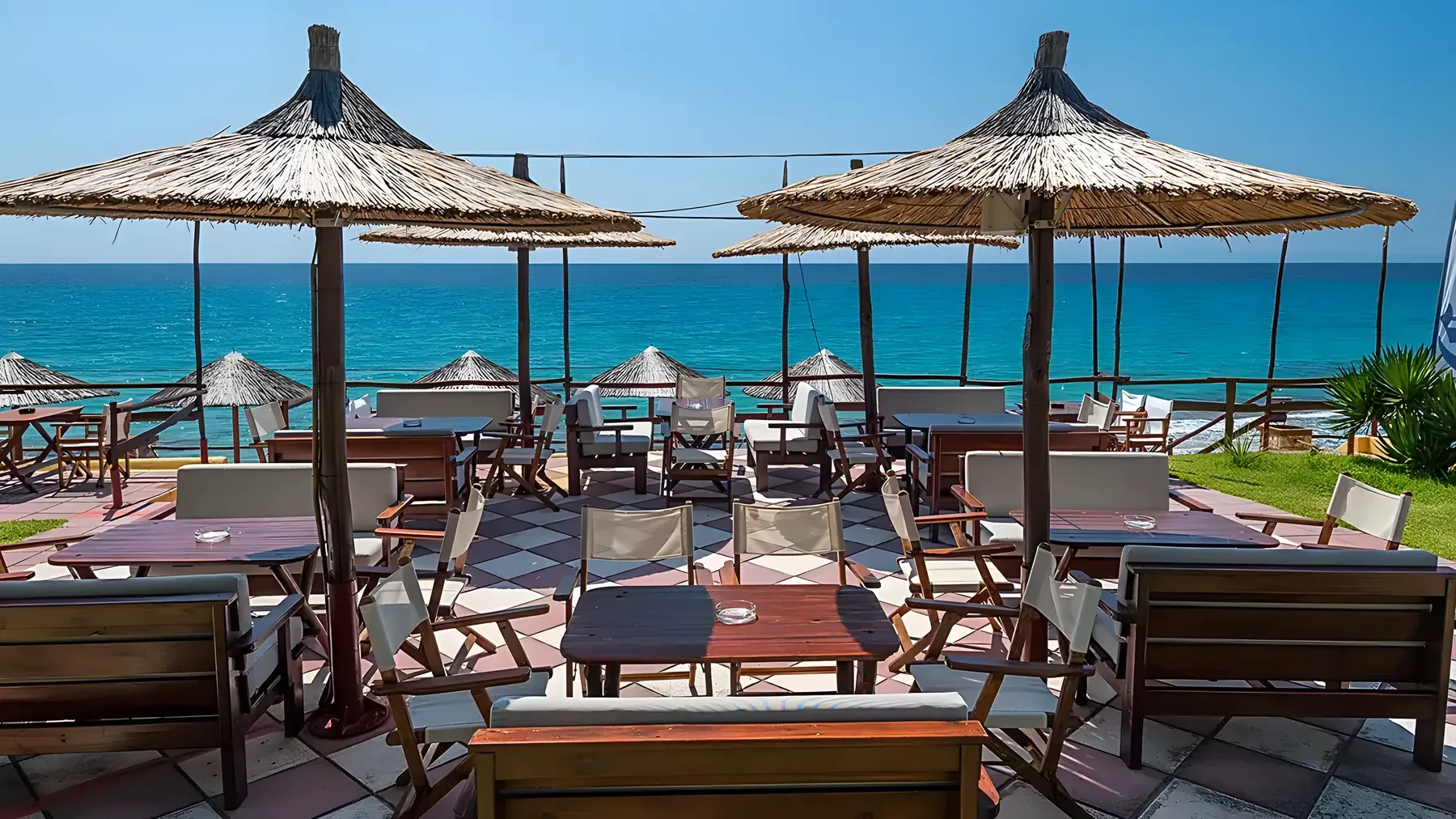 Kudu's beachfront terrace in bright morning light, straw umbrellas over the turquoise Aegean
