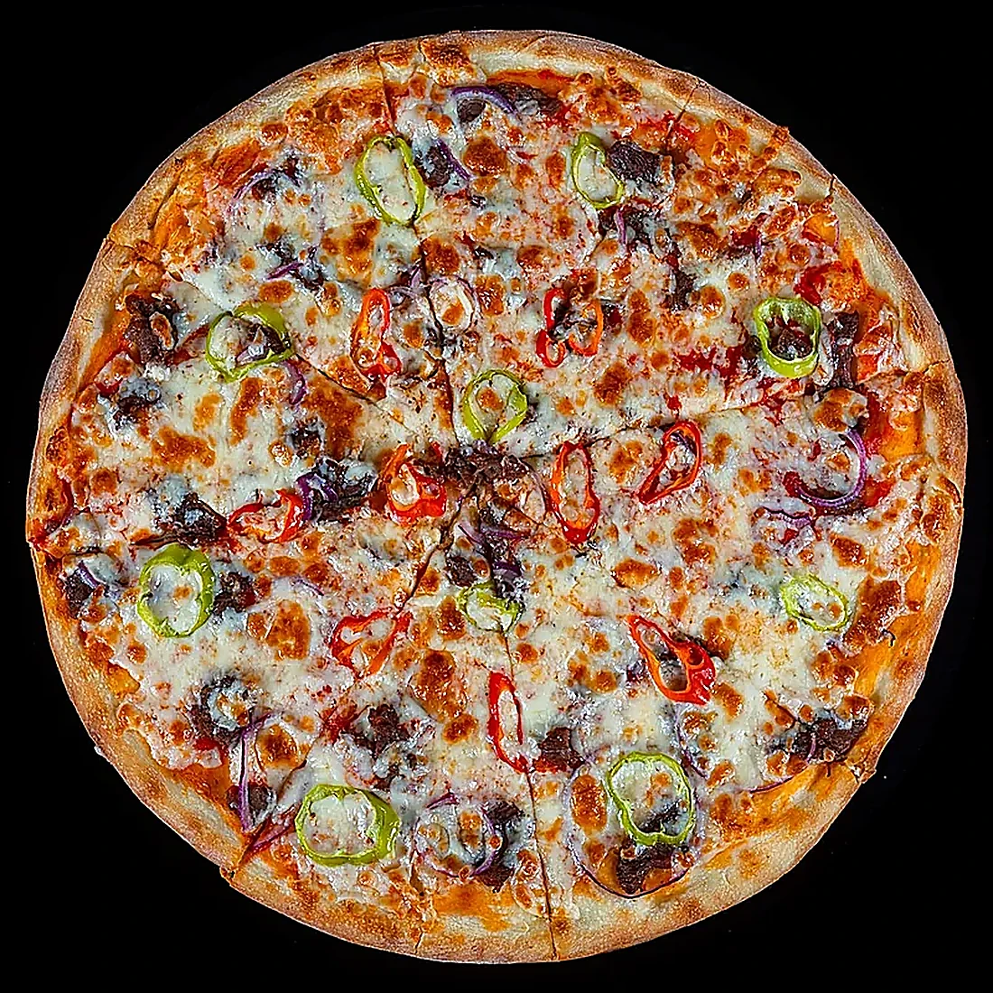 Pizza with peppers, red onion and melted mozzarella